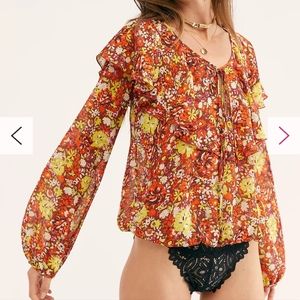 Intimately Free People Say It To Me Floral Long Sleeve Boho Bodysuit Ruffled S
